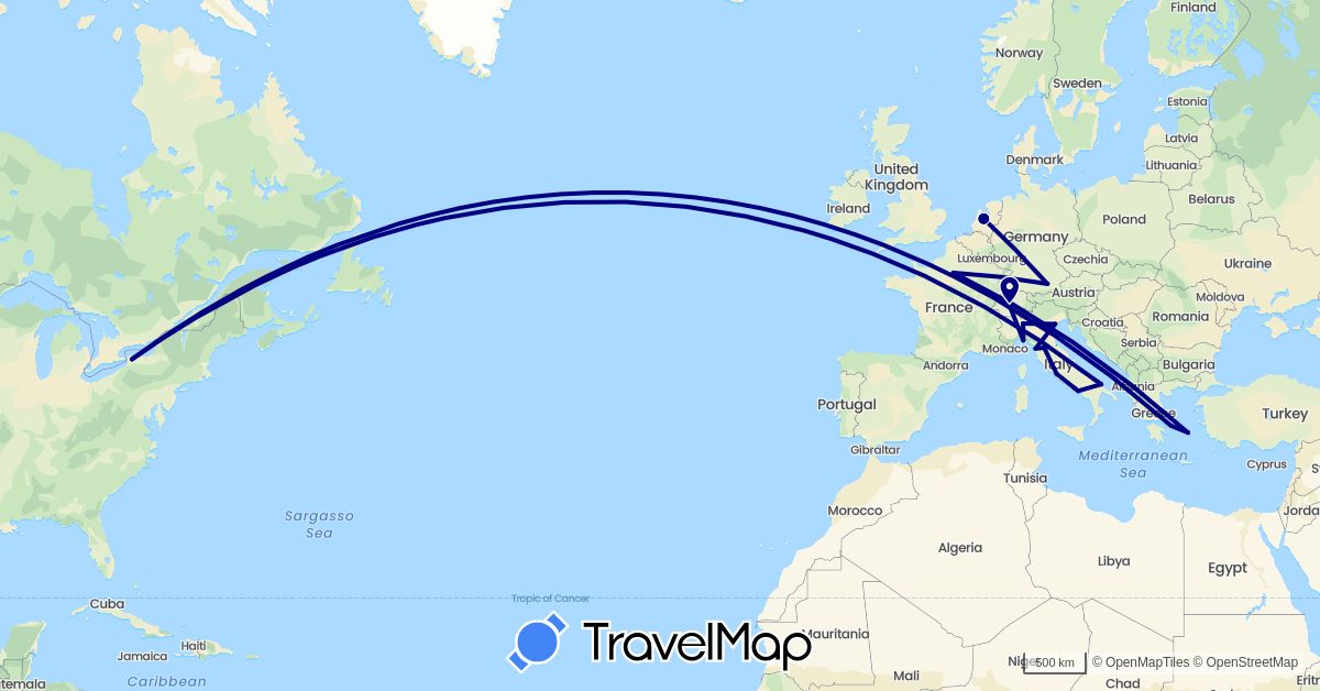 TravelMap itinerary: driving in Switzerland, Germany, France, Greece, Italy, Netherlands, United States (Europe, North America)